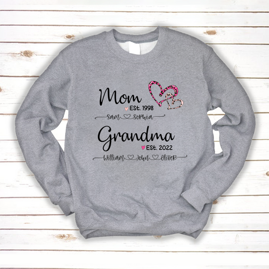 Mom Est Grandma Est And Kids Name Heart Pink Leopard Sweatshirt