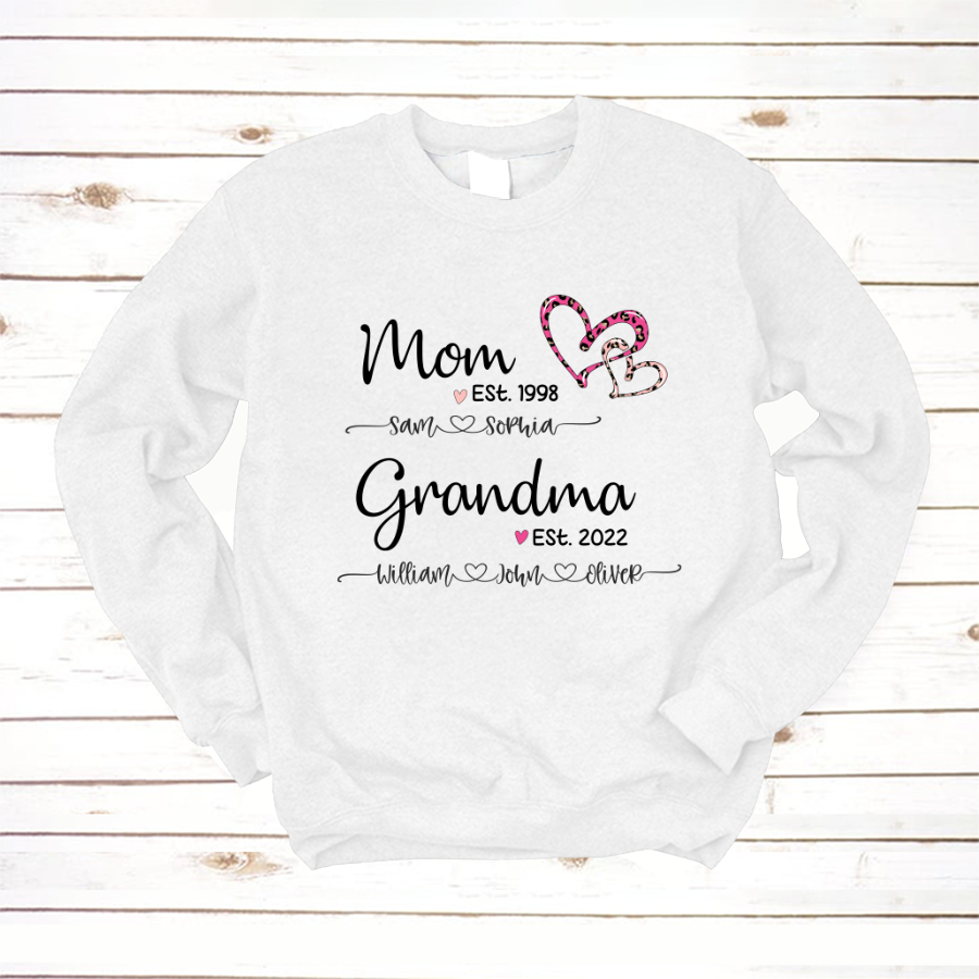 Mom Est Grandma Est And Kids Name Heart Pink Leopard Sweatshirt