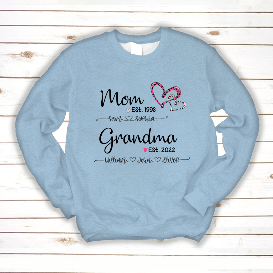Mom Est Grandma Est And Kids Name Heart Pink Leopard Sweatshirt