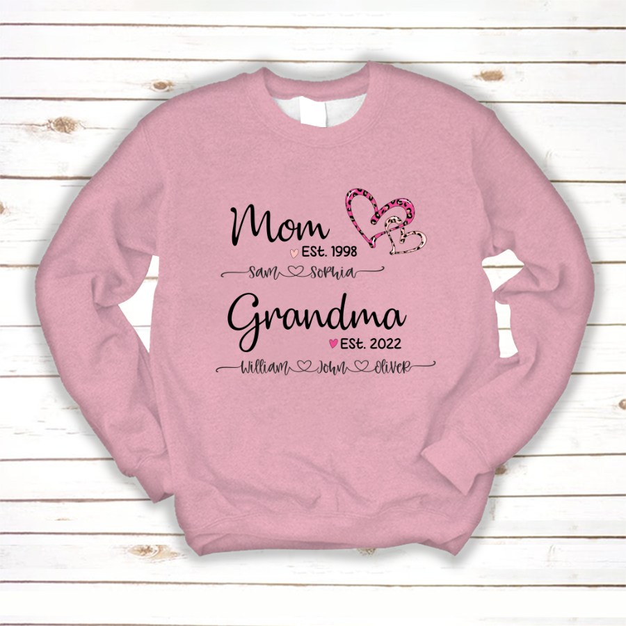 Mom Est Grandma Est And Kids Name Heart Pink Leopard Sweatshirt