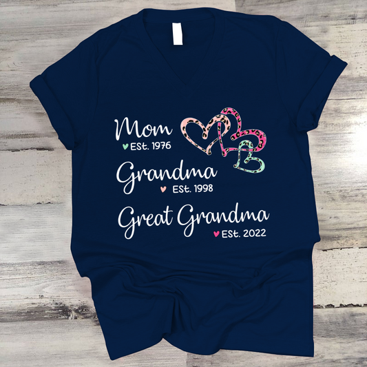 Mom Est Grandma Est Great Grandma Heart Leopard Black V-Neck