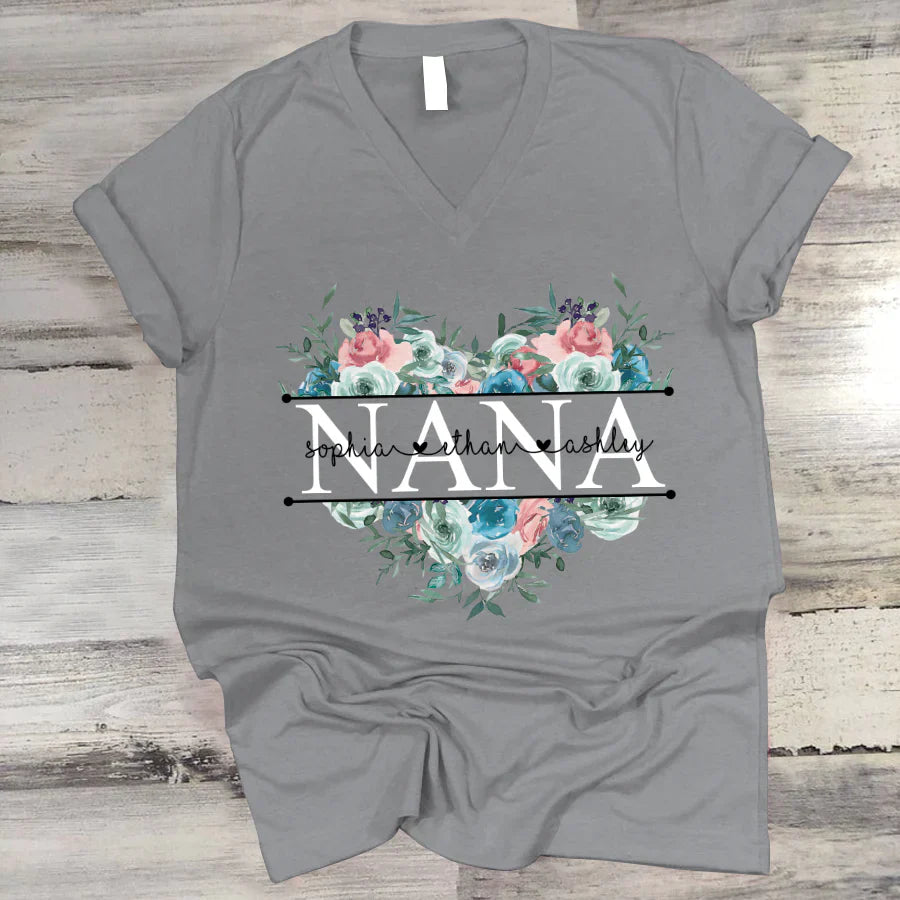 Pastel Peony Rose Nana And Grandkids CTH01 V-Neck