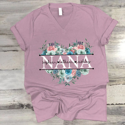 Pastel Peony Rose Nana And Grandkids CTH01 V-Neck