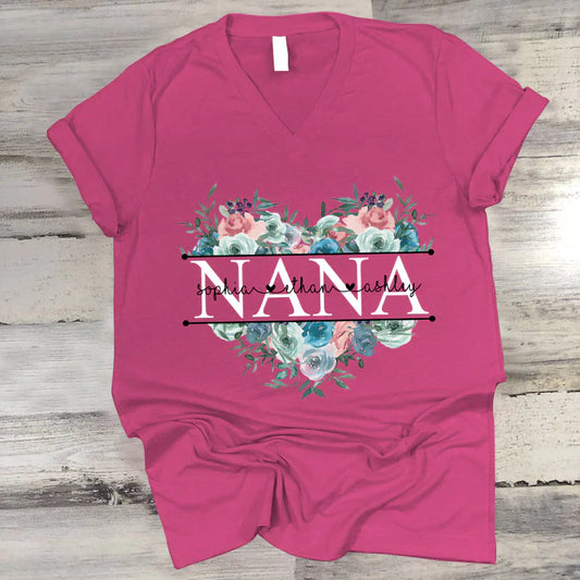 Pastel Peony Rose Nana And Grandkids CTH01 V-Neck