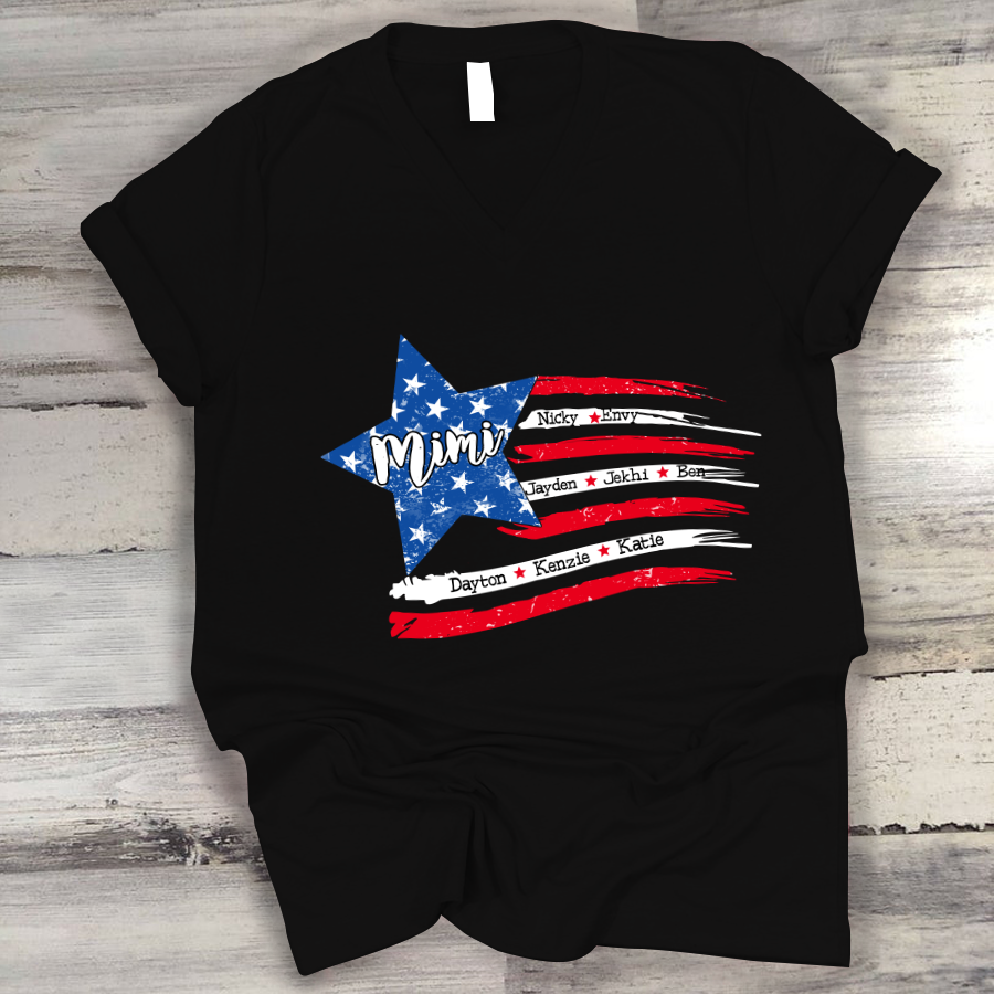 Personalized Grandma And Grandkids American Flag V-Neck