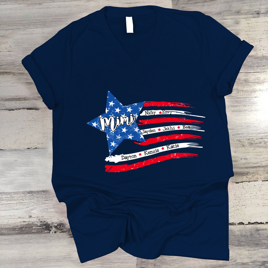 Personalized Grandma And Grandkids American Flag V-Neck