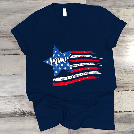 Personalized Grandma And Grandkids American Flag V-Neck