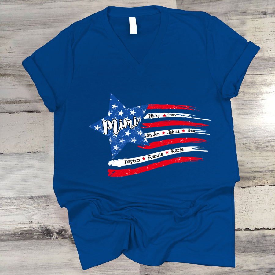 Personalized Grandma And Grandkids American Flag V-Neck