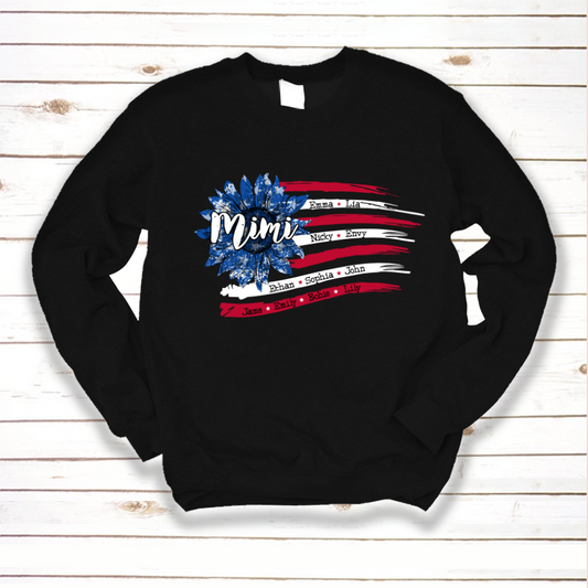 Personalized Grandma with Grandkids Sunflower American Flag  Sweatshirt