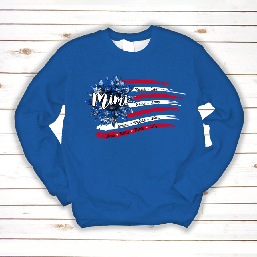 Personalized Grandma with Grandkids Sunflower American Flag  Sweatshirt