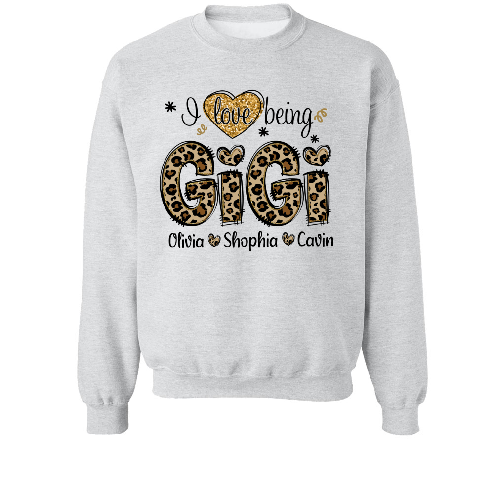 Personalized I love being Gigi Shirt, Custom Grandma With Grandkids Glitter Leopard Sweatshirt