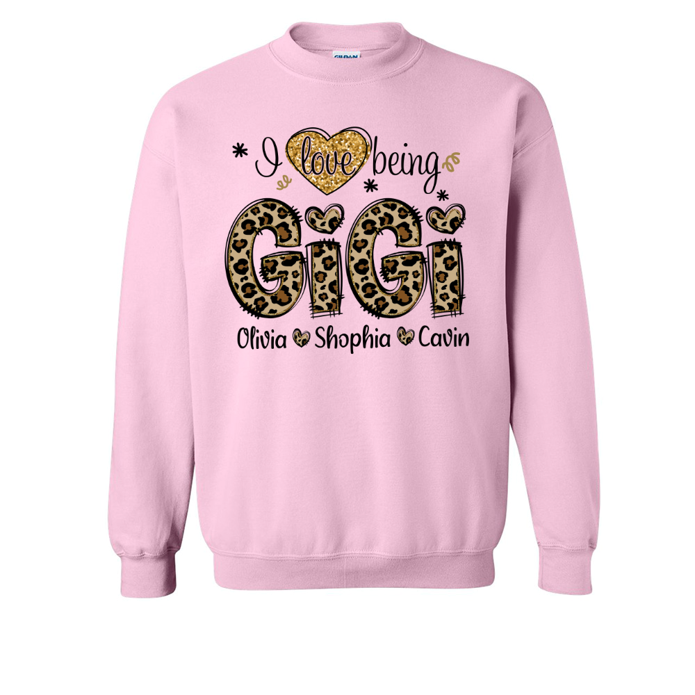 Personalized I love being Gigi Shirt, Custom Grandma With Grandkids Glitter Leopard Sweatshirt