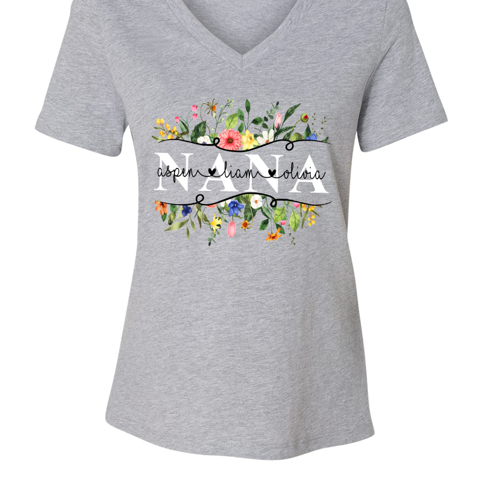 Personalized Nana Watercolor wild flower border V-Neck