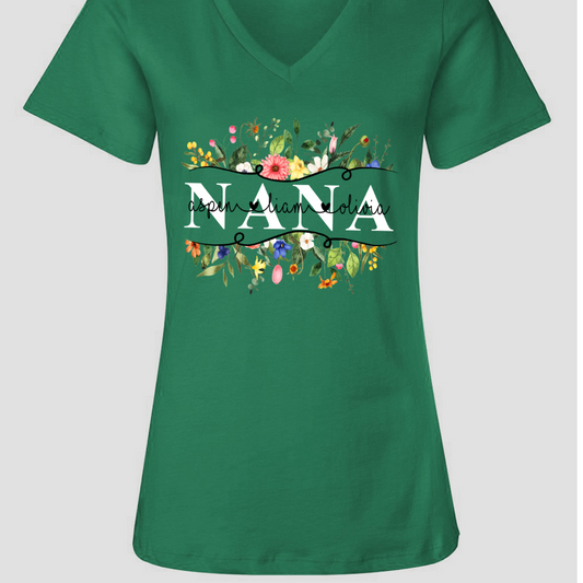Personalized Nana Watercolor wild flower border V-Neck