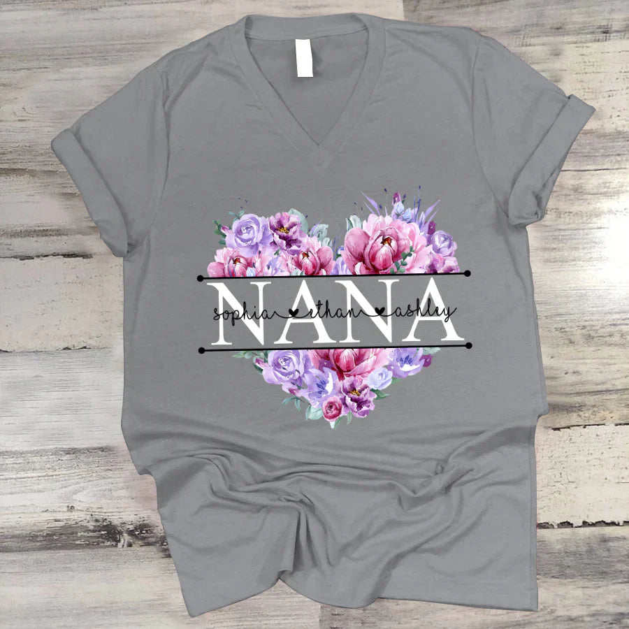 Pink Purple Flower Mimi And Grandkids CTH01 V-Neck