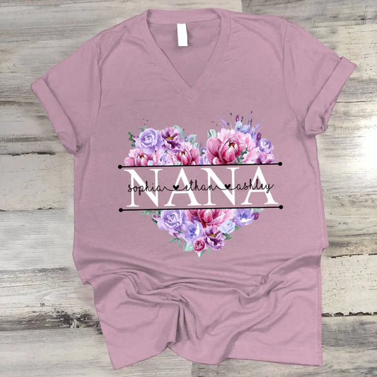 Pink Purple Flower Mimi And Grandkids CTH01 V-Neck