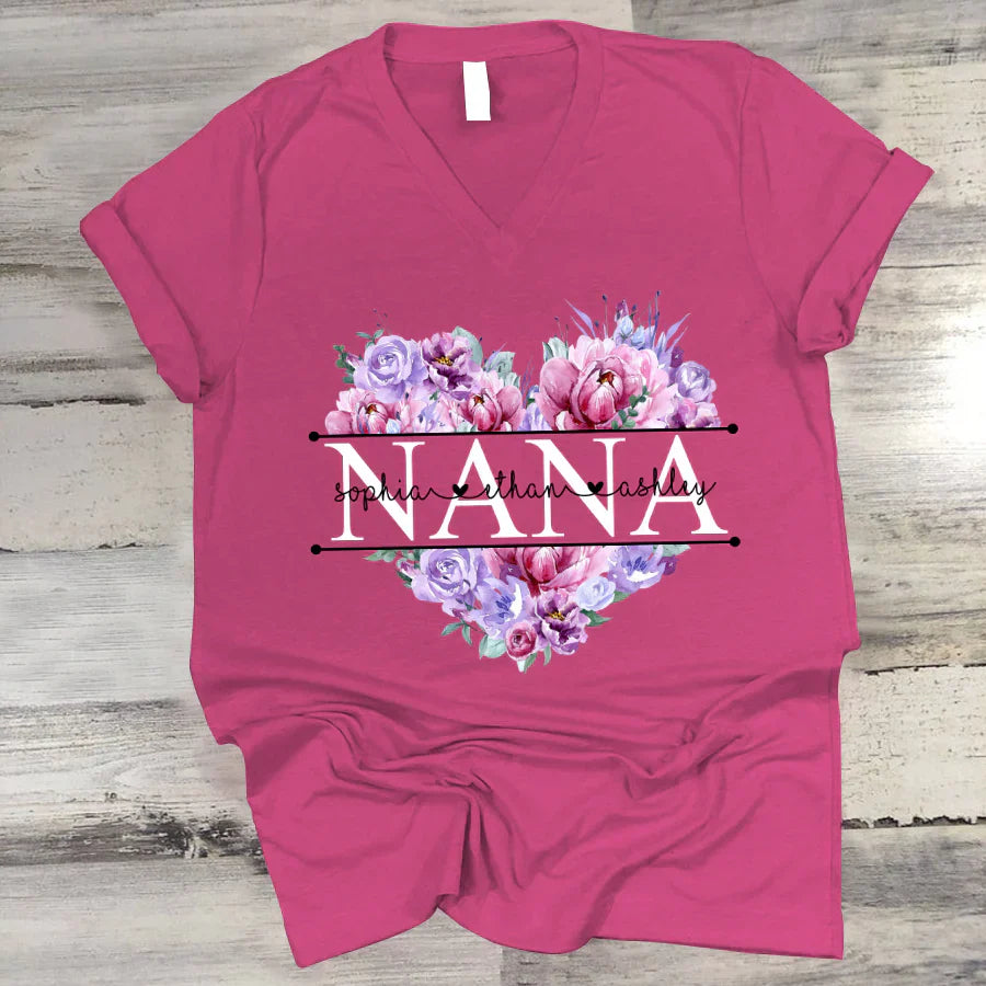 Pink Purple Flower Mimi And Grandkids CTH01 V-Neck