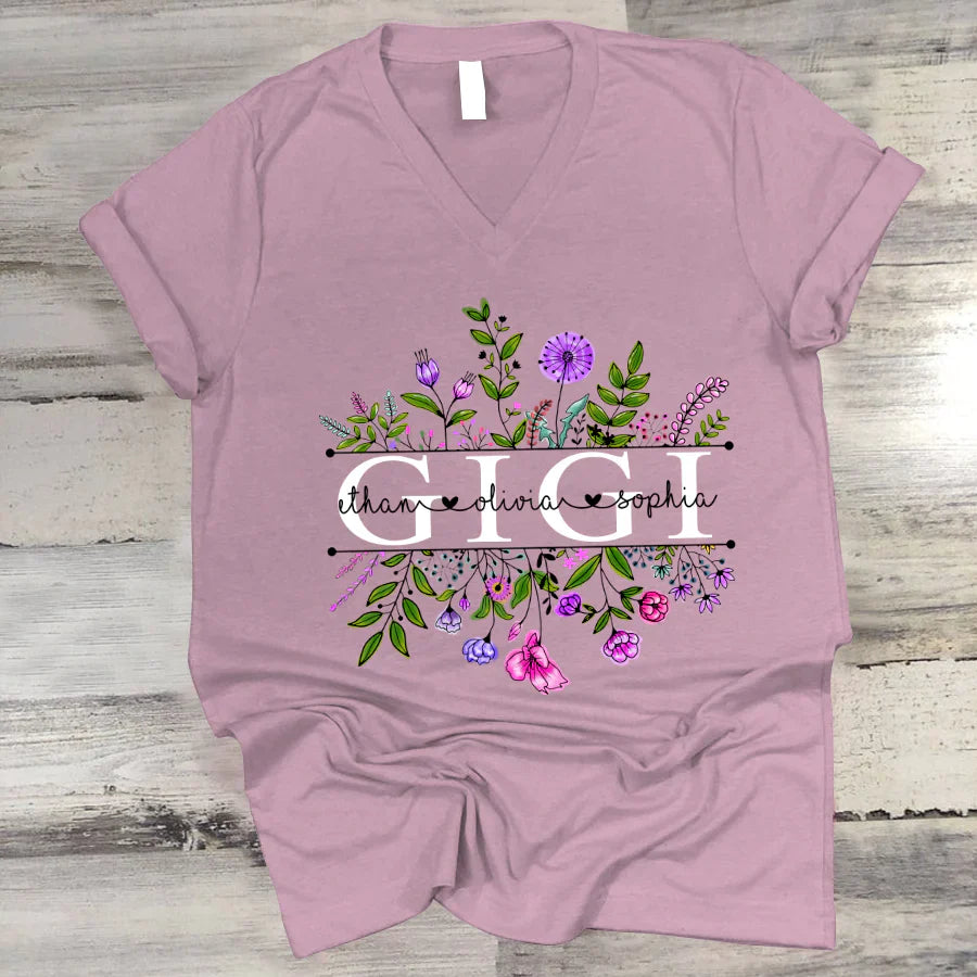 Wildflowers Gigi And Grandkids Watercolor V-Neck