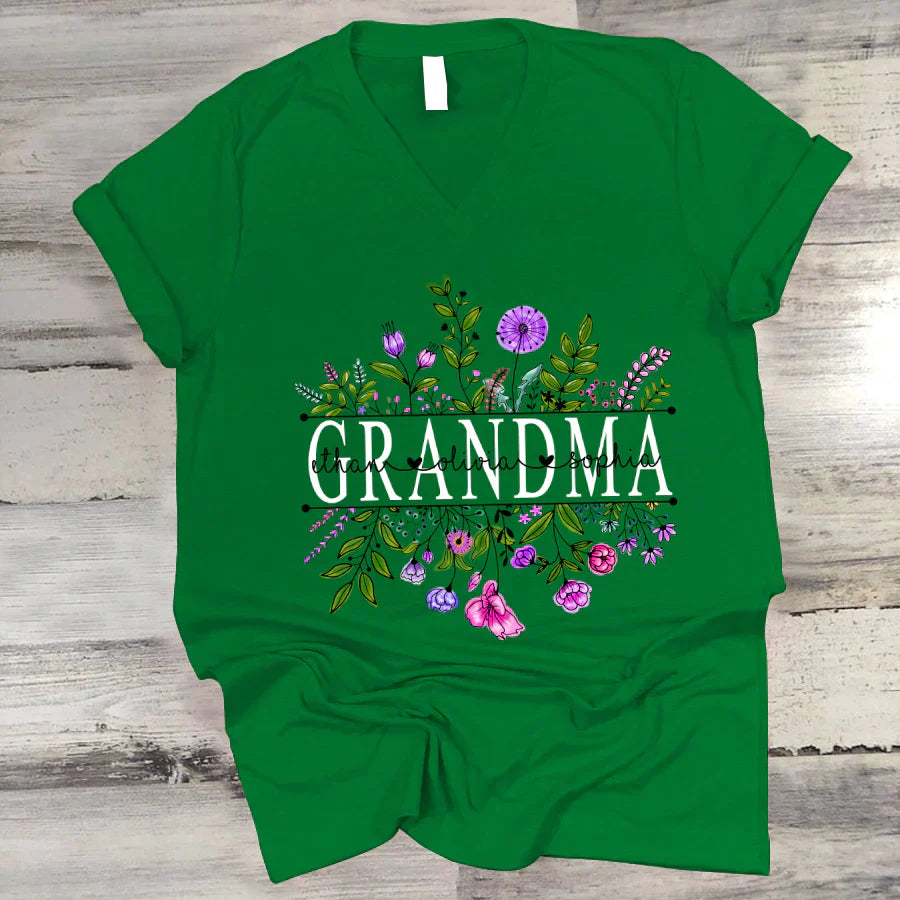 Wildflowers Grandma And Grandkids Watercolor V-Neck