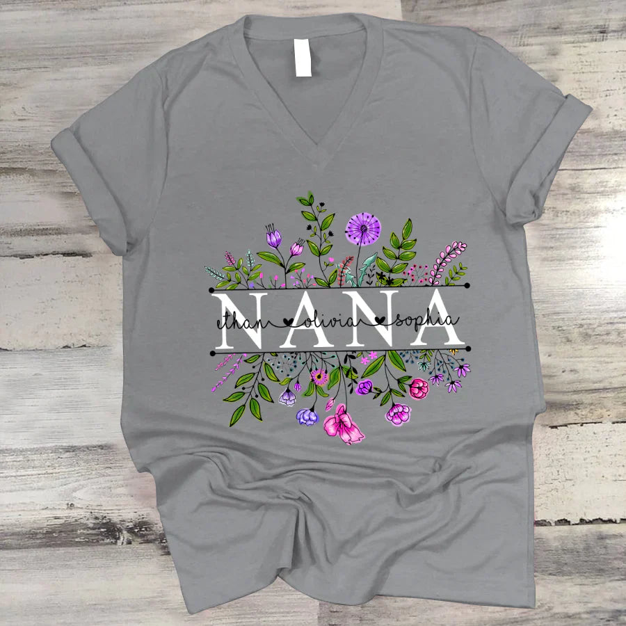 Wildflowers Nana And Grandkids Watercolor V-Neck
