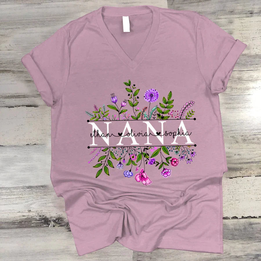 Wildflowers Nana And Grandkids Watercolor V-Neck