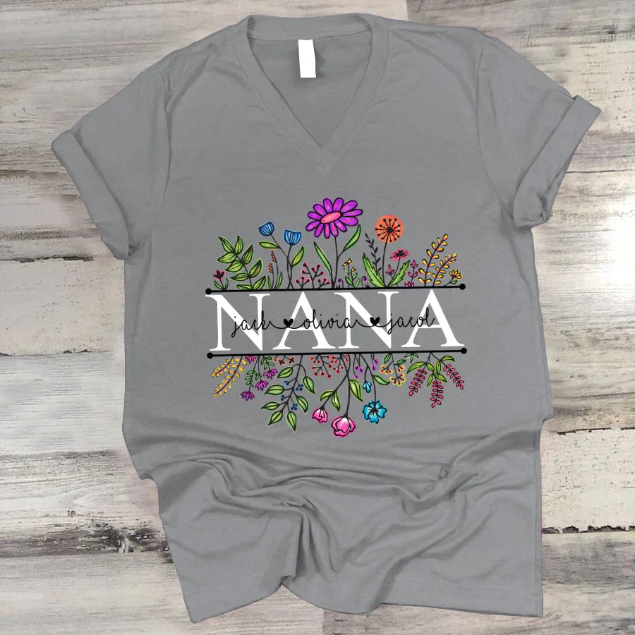 Wildflowers Nana Flower Grandkids Custom Names VTN01 V-Neck