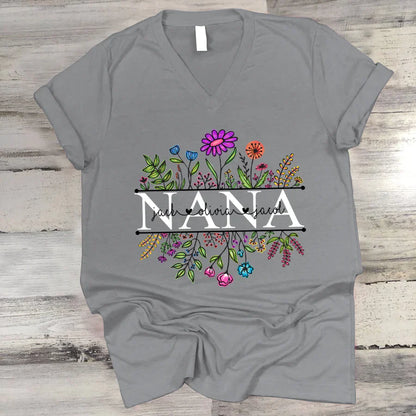 Wildflowers Nana Flower Grandkids Custom Names VTN01 V-Neck