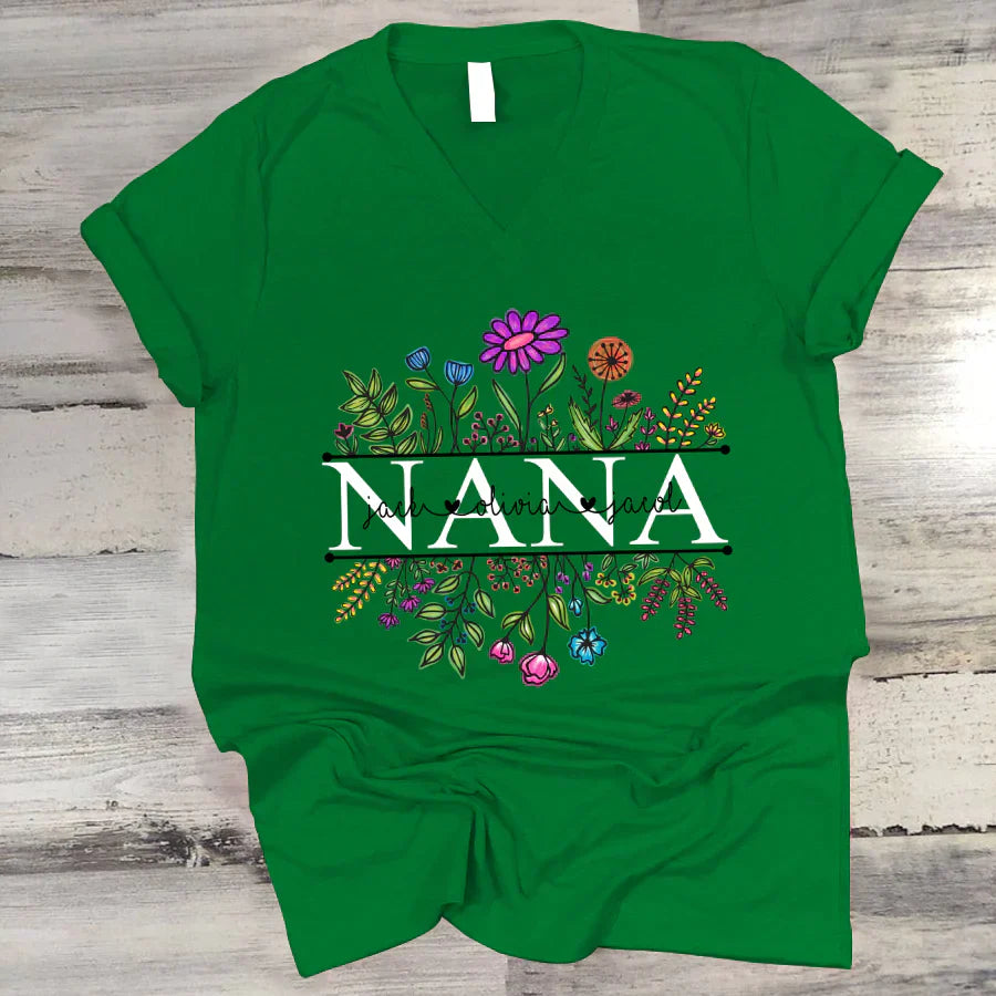 Wildflowers Nana Flower Grandkids Custom Names VTN01 V-Neck