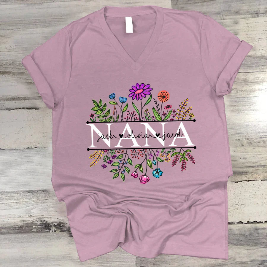 Wildflowers Nana Flower Grandkids Custom Names VTN01 V-Neck