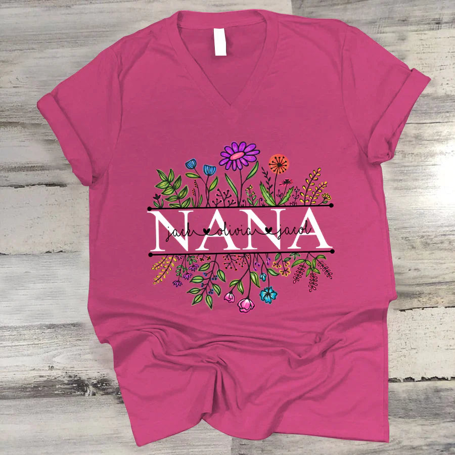 Wildflowers Nana Flower Grandkids Custom Names VTN01 V-Neck