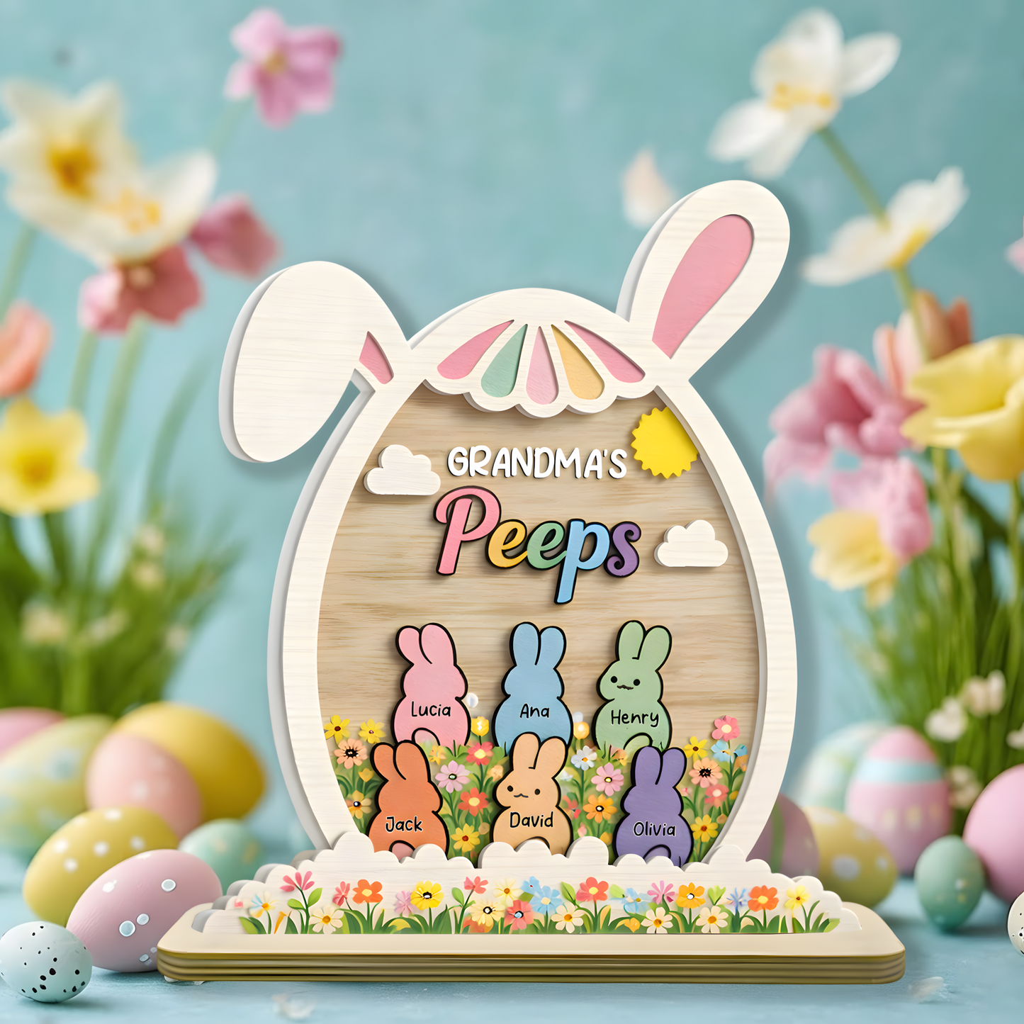 Personalized Easter 2-Layer Wooden Plaque - Custom Family Name Spring Decor for Grandma