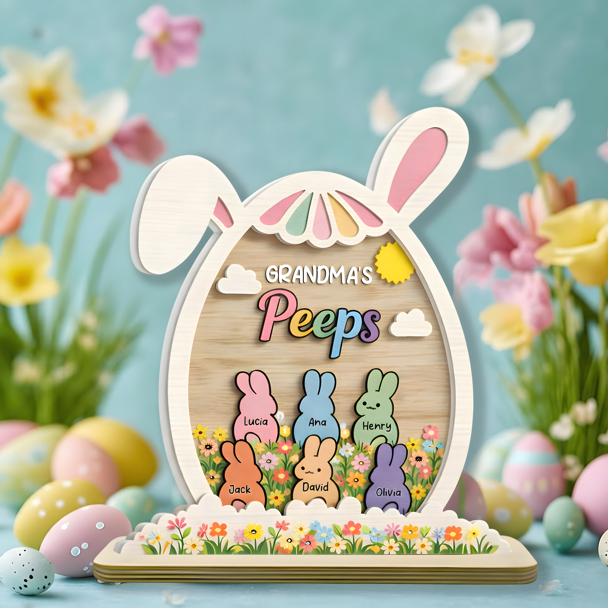Personalized Easter 2-Layer Wooden Plaque - Custom Family Name Spring Decor for Grandma