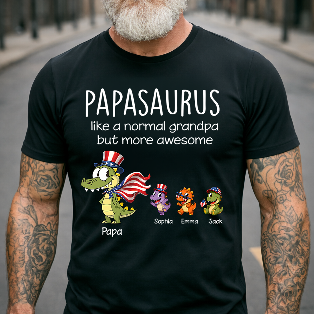 Personalized Papa Dinosaur Shirt with Custom Kids Names, Funny Grandpa Family T Shirt for Papa Grandfather,  Patriotic Grandpa Family, U.S. 250th Anniversary 1776 2026 Gift For Fathers Day Birthday