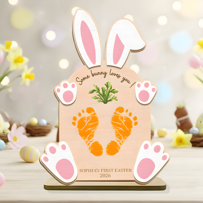 Personalized First Easter Wooden Plaque - "Some Bunny Loves You" with Baby’s Footprints, Custom Name and Date