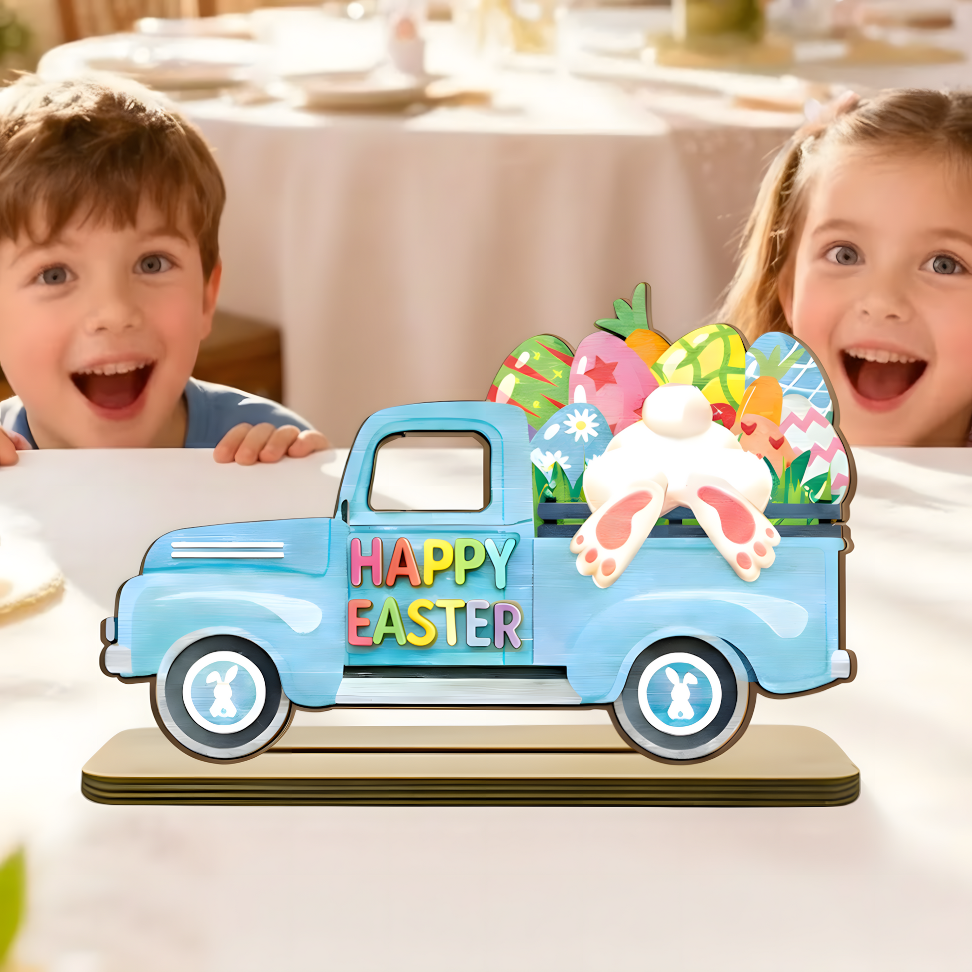 Personalized Easter Wooden Truck Plaque - Custom "Happy Easter" Decor with Colorful Eggs and Bunny Design