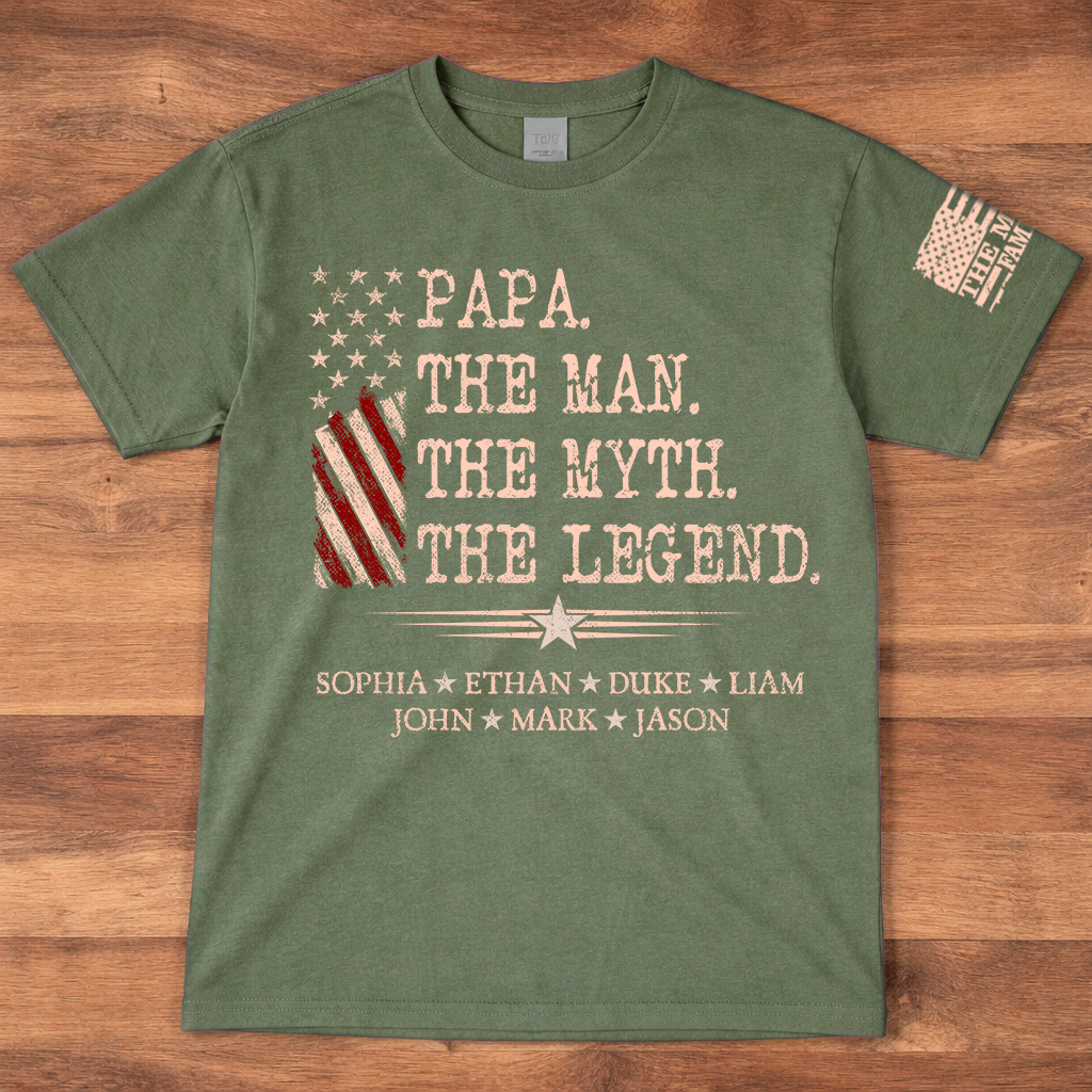 Custom Papa Shirt The Man The Myth The Legend with Kids Names, Vintage American Flag Dad Tee, Patriotic Gift for Father