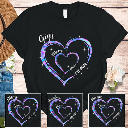 Mom Est Grandma Est Hearts Hologram, Best Mother's Day Gift T-Shirt