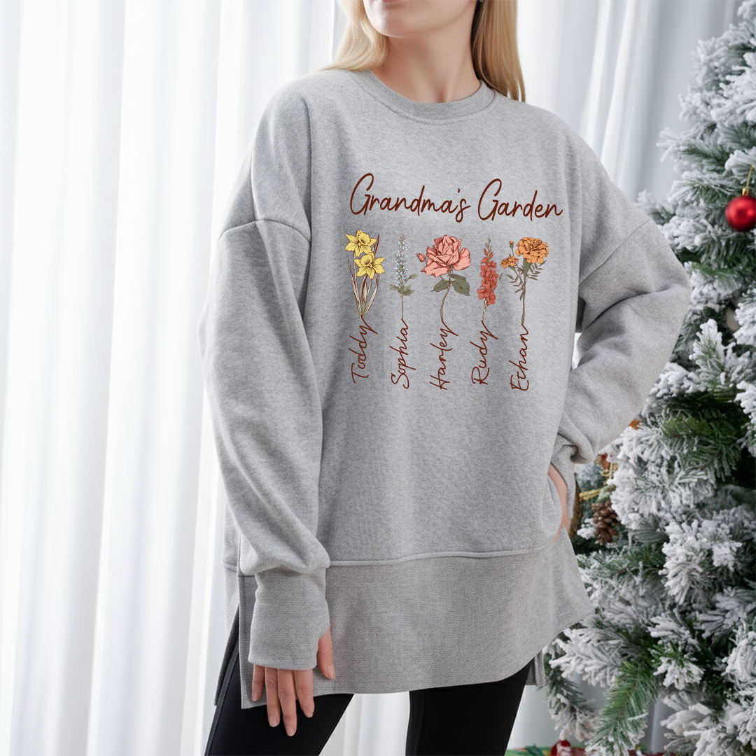 Personalized Grandma Garden Oversized Sweatshirt with Grandkids Names, Custom Floral Birth Flower Design, Cozy Pullover for Grandma, Family Name Keepsake Apparel