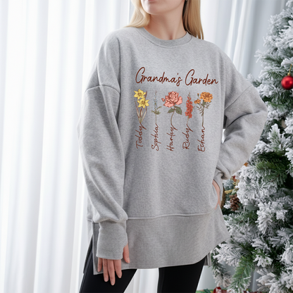 Personalized Grandma Garden Oversized Sweatshirt with Grandkids Names, Custom Floral Birth Flower Design, Cozy Pullover for Grandma, Family Name Keepsake Apparel