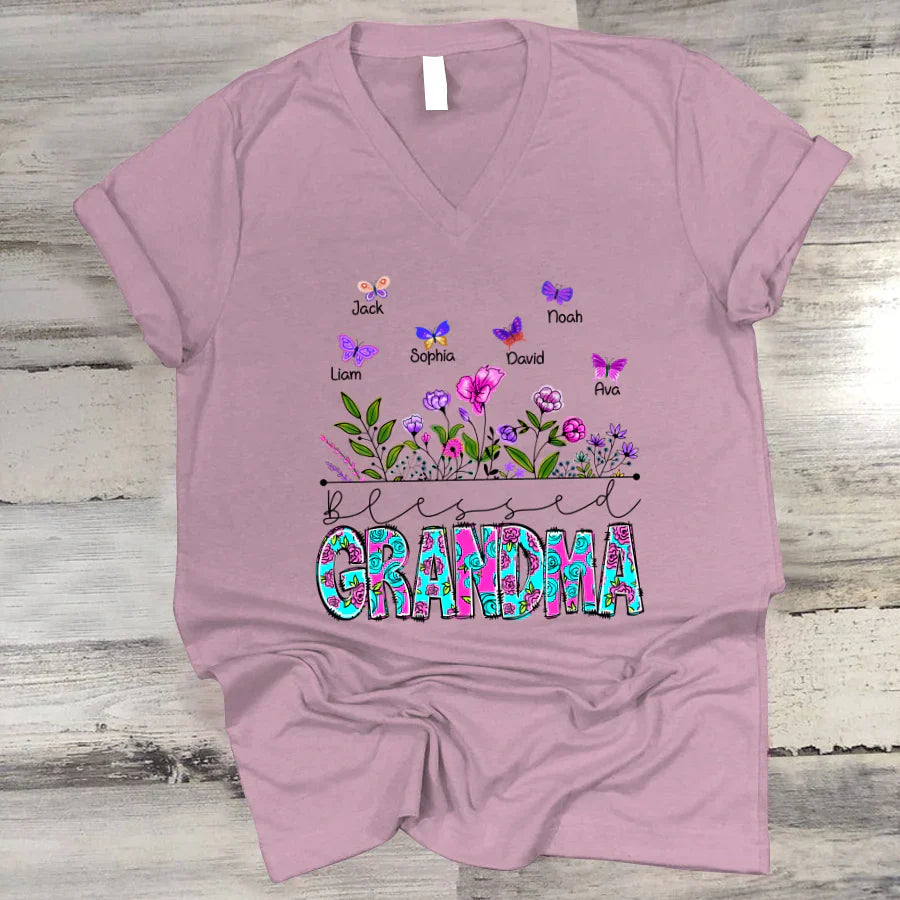 Blessed Grandma Wildflowers And Butterflies Shirts For Grandma V-Neck