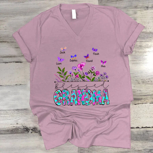 Blessed Grandma Wildflowers And Butterflies Shirts For Grandma V-Neck