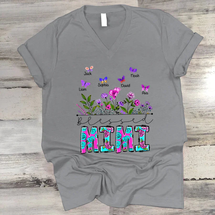 Blessed Mimi Wildflowers And Butterflies Shirts For Grandma V-Neck