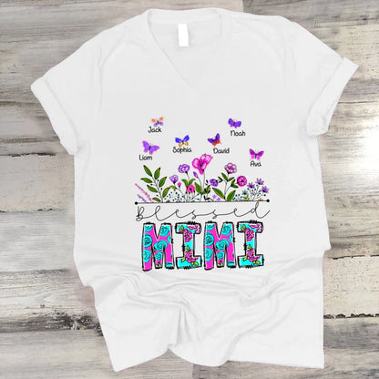 Blessed Mimi Wildflowers And Butterflies Shirts For Grandma V-Neck