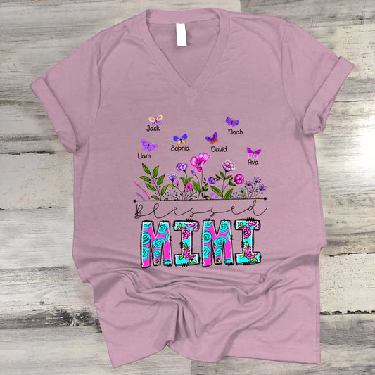 Blessed Mimi Wildflowers And Butterflies Shirts For Grandma V-Neck