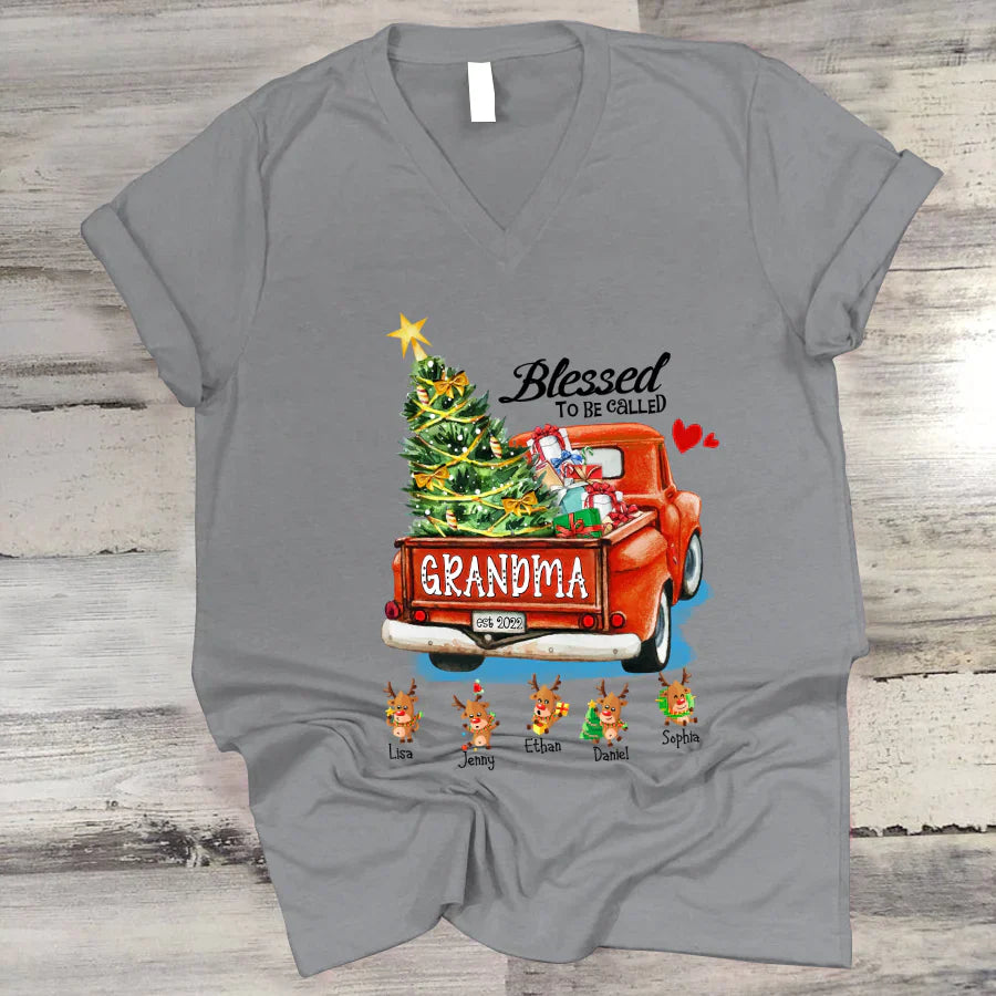 Blessed to be called Grandma Christmas Tree Truck Reindeer V-Neck