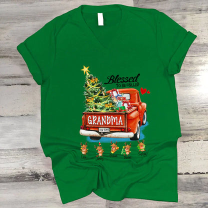 Blessed to be called Grandma Christmas Tree Truck Reindeer V-Neck