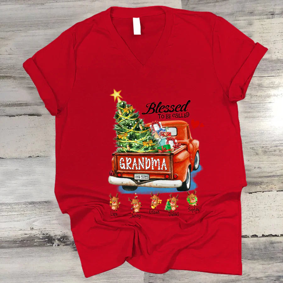 Blessed to be called Grandma Christmas Tree Truck Reindeer V-Neck