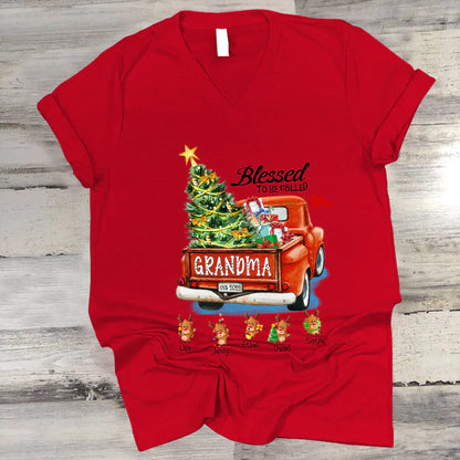 Blessed to be called Grandma Christmas Tree Truck Reindeer V-Neck