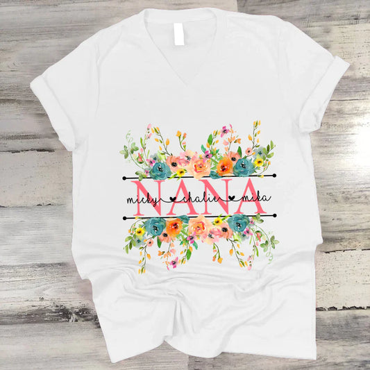 Bright Watercolor Floral Nana And Grandkids CTH01 V-Neck
