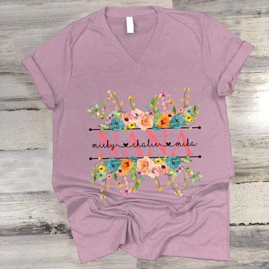 Bright Watercolor Floral Nana And Grandkids CTH01 V-Neck